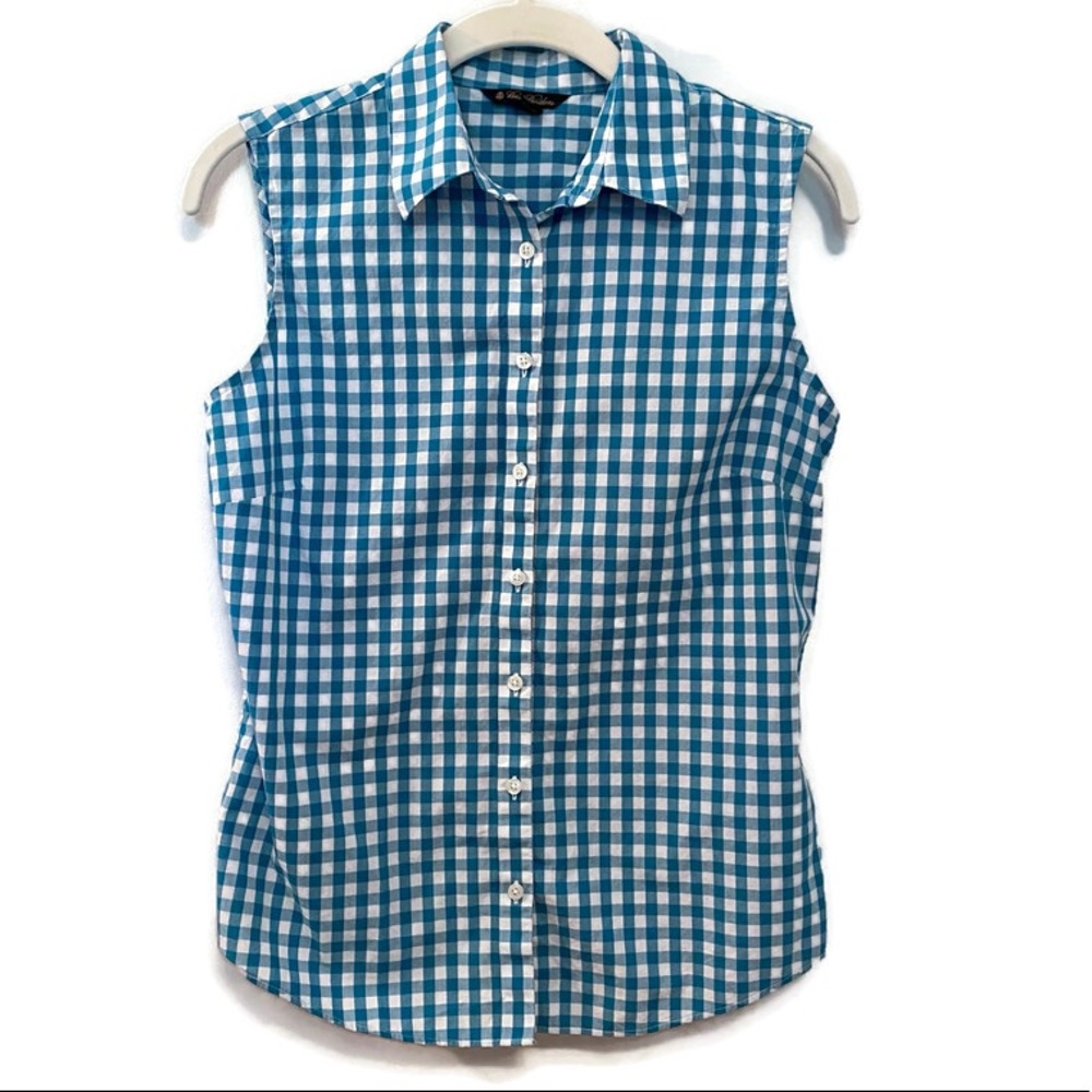 Brooks Brothers Fitted Sleeveless Blue Gingham Button Down Shirt, Size 4